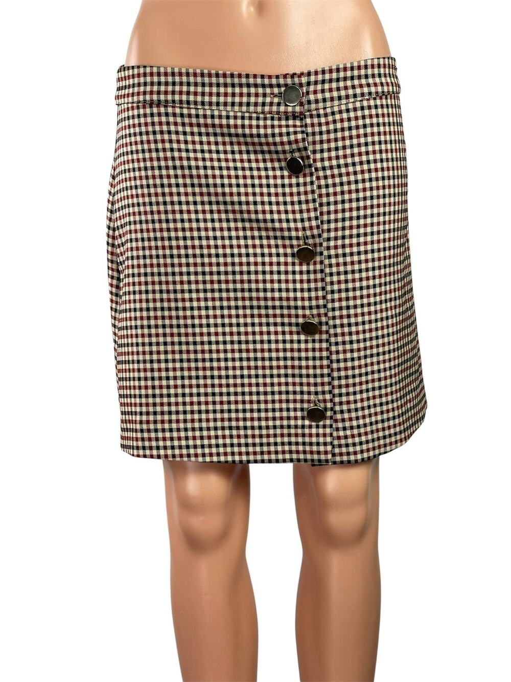 Zara Brown Plaid Checkered Button Down Pleated Mini Straight Pencil Skirt Size M